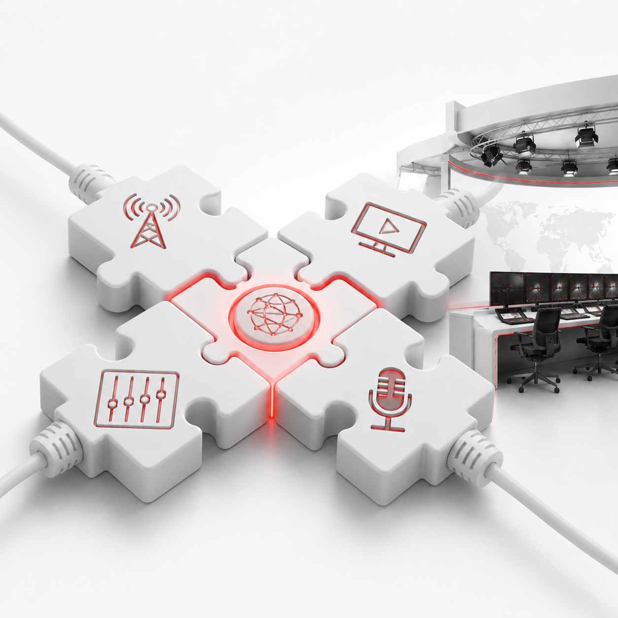 Itcon4Media liefert Komplett-Broadcastlösungen Verknüpfungselemente mit Symbolen für Medien, Musik und Kommunikation.